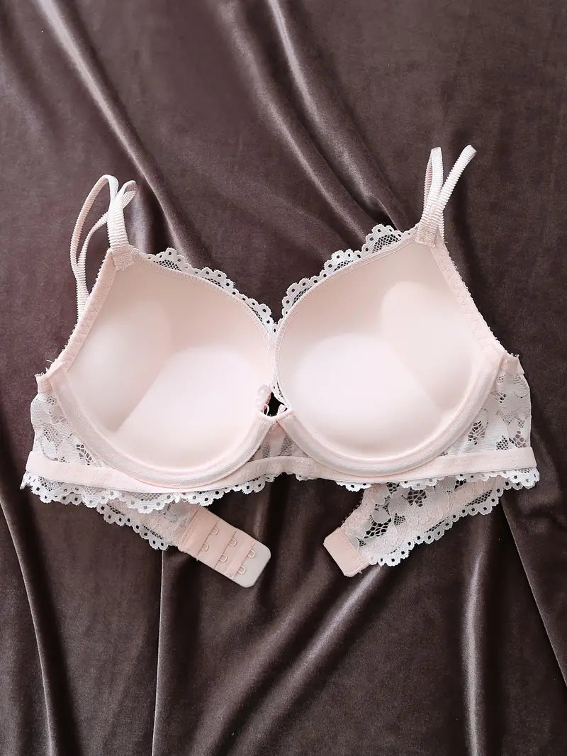 Lace Mesh Hollow Everyday Bra, Comfort & Mature Double Strap Thick Cup Push Up Intimates Bra,