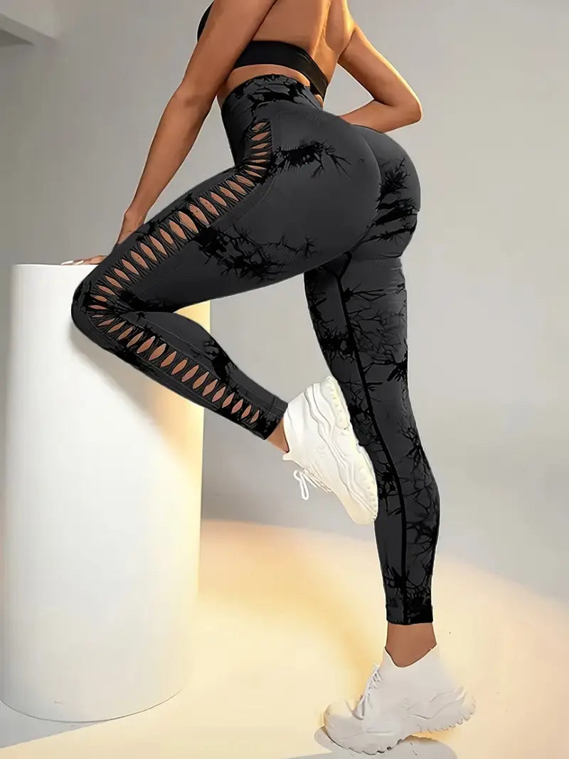 Women'S High-Waisted Seamless Tie-Dye Hollow-Out Butt-Lifting Workout Pants, Breathable And Stretchy
