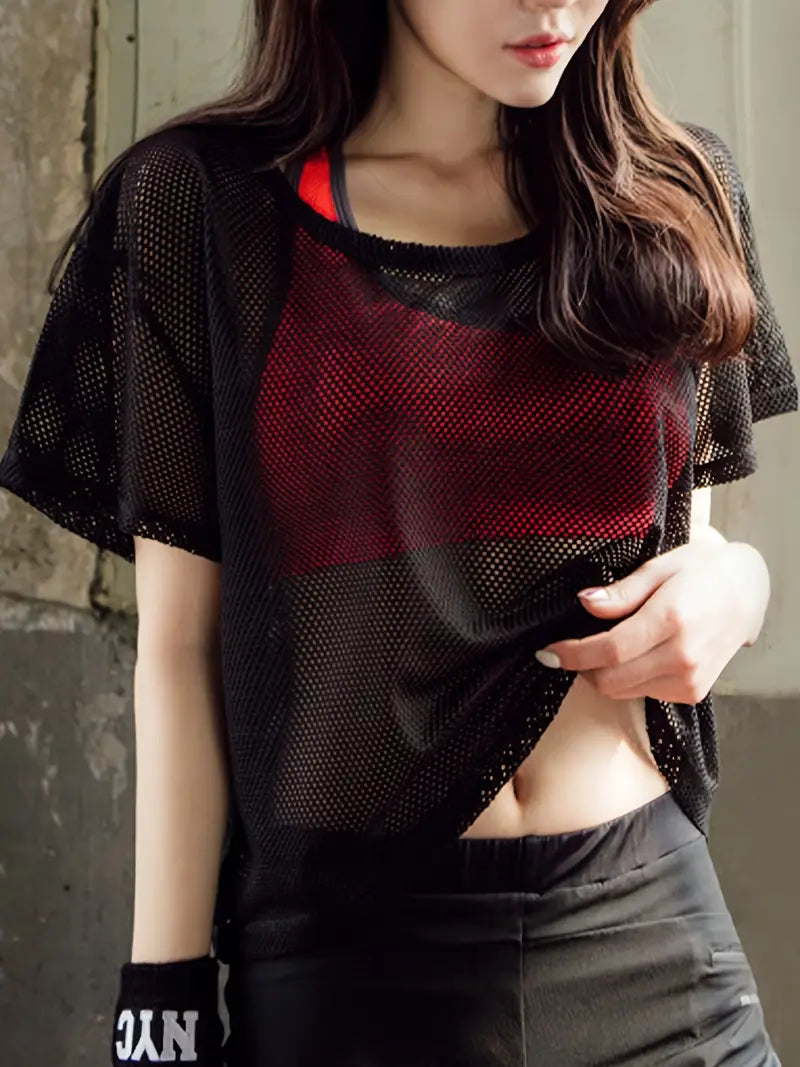 Women'S Black Mesh Hollow-Out T-Shirt, Casual Sporty Round Neck Short Tee,