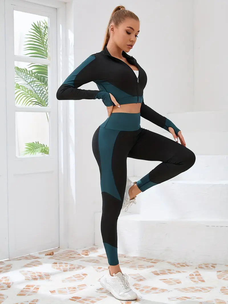 Women's Sports 2-piece Set, Long Sleeve Cropped Top And Long Pants,