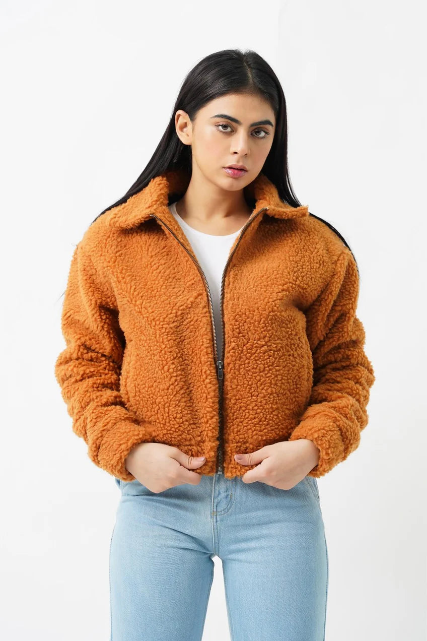 Teddy Faux Fur Bomber Jacket - Camel