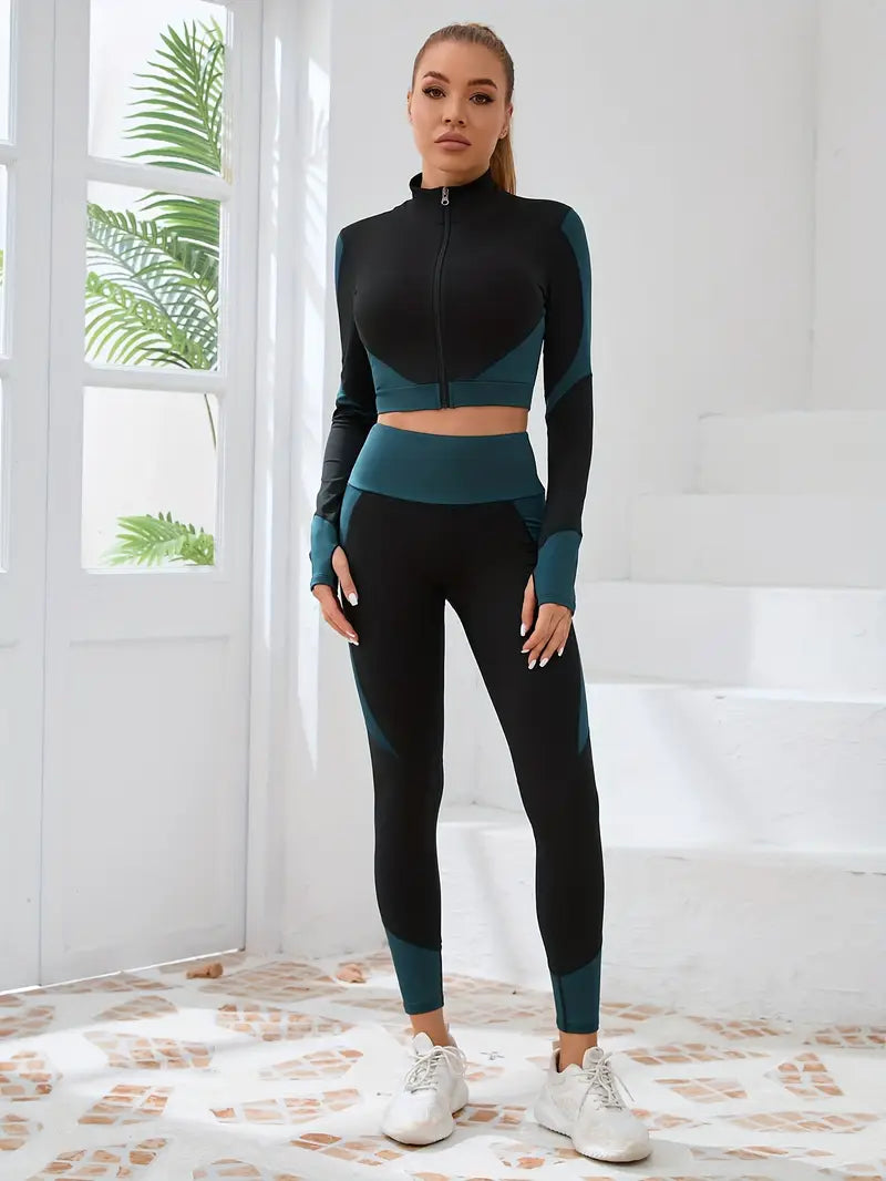 Women's Sports 2-piece Set, Long Sleeve Cropped Top And Long Pants,