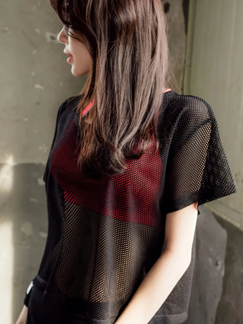 Women'S Black Mesh Hollow-Out T-Shirt, Casual Sporty Round Neck Short Tee,