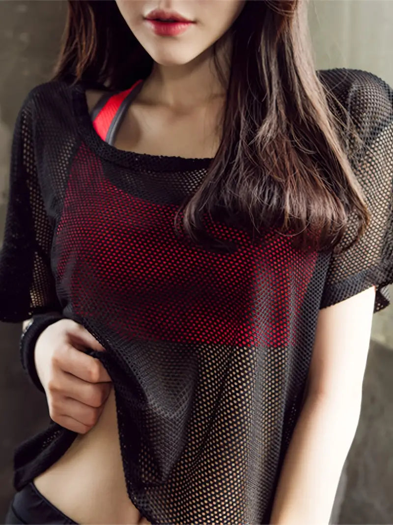 Women'S Black Mesh Hollow-Out T-Shirt, Casual Sporty Round Neck Short Tee,