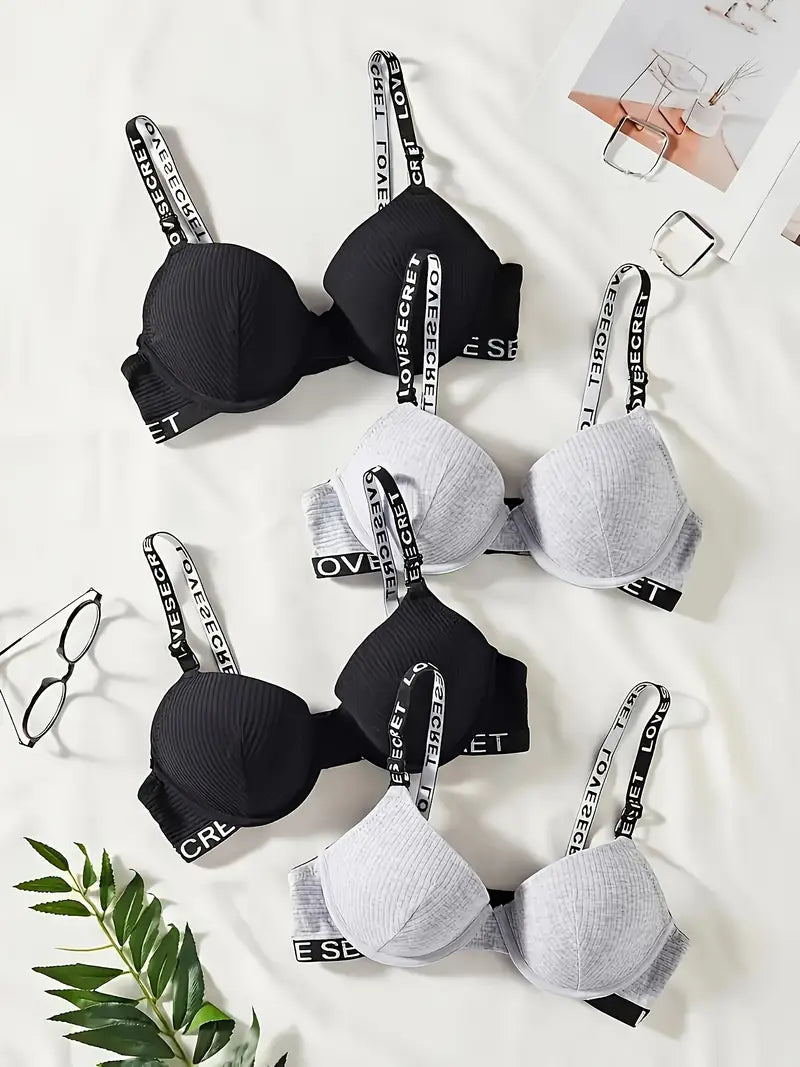 Elegant Ribbed Cotton Bras with Letter Tape - Comfy & Breathable Push-Up