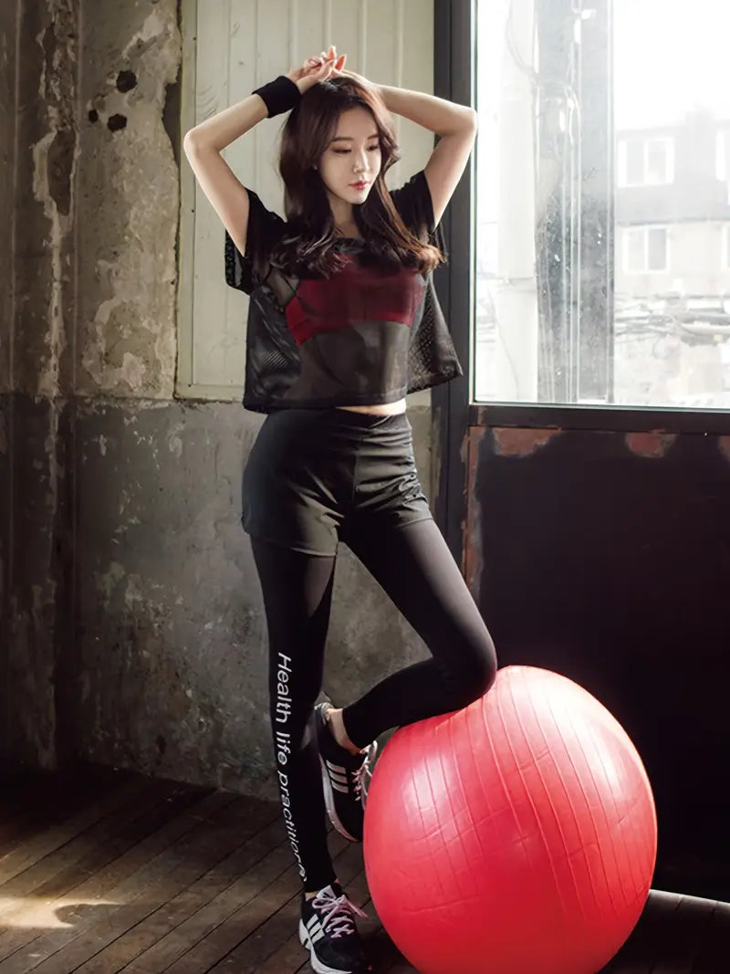 Women'S Black Mesh Hollow-Out T-Shirt, Casual Sporty Round Neck Short Tee,