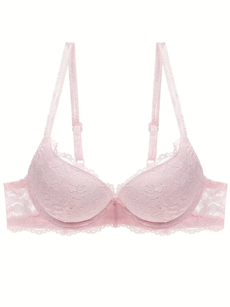 Lace Mesh Hollow Everyday Bra, Comfort & Mature Double Strap Thick Cup Push Up Intimates Bra,