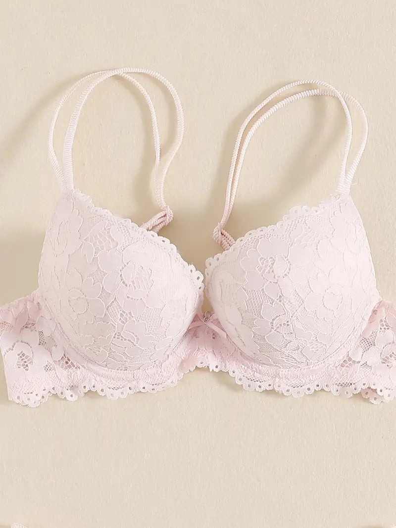 Lace Mesh Hollow Everyday Bra, Comfort & Mature Double Strap Thick Cup Push Up Intimates Bra,