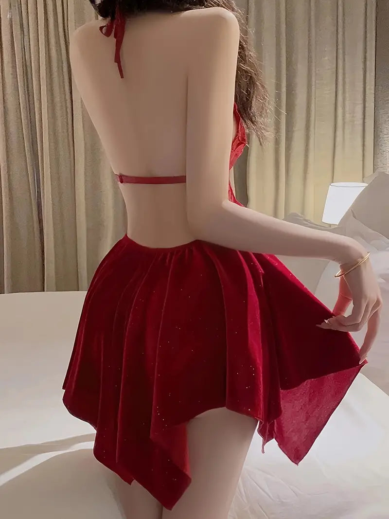 Elegant Velvet Halter Nightgown with Butterfly Mesh Detail, Deep V-Neck & Built-In Bra - Cozy Autumn/Winter Sleepwear for Women