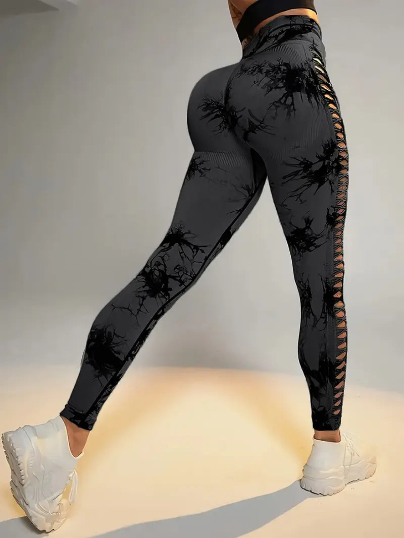 Women'S High-Waisted Seamless Tie-Dye Hollow-Out Butt-Lifting Workout Pants, Breathable And Stretchy